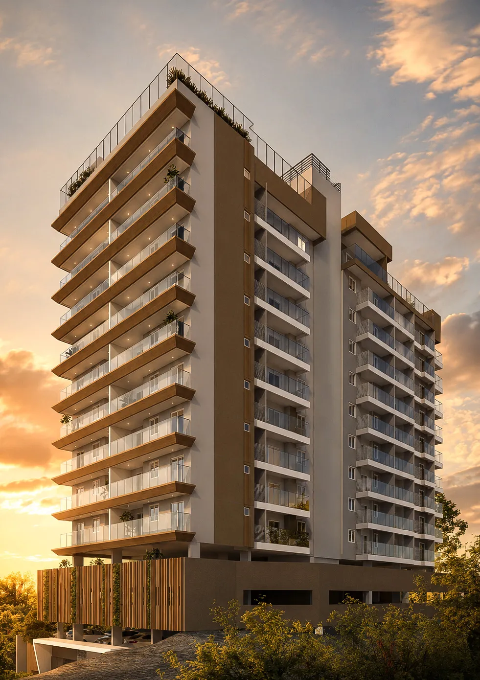 Recanto do Suá Residence ao entardecer, com a orla de Vitória ao fundo