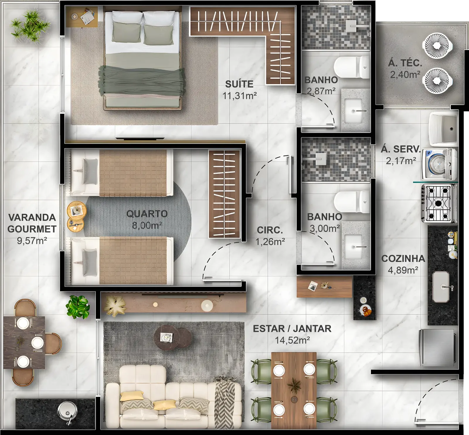 Planta Coluna 01 — 2 quartos (1 suíte)