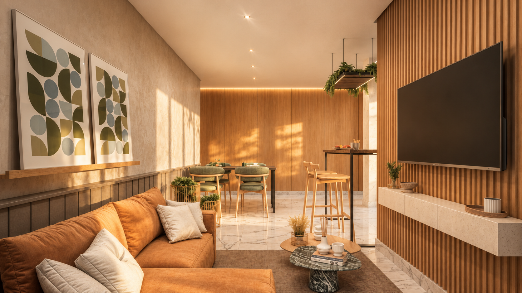 Lounge contemporâneo com marcenaria em madeira e iluminação quente