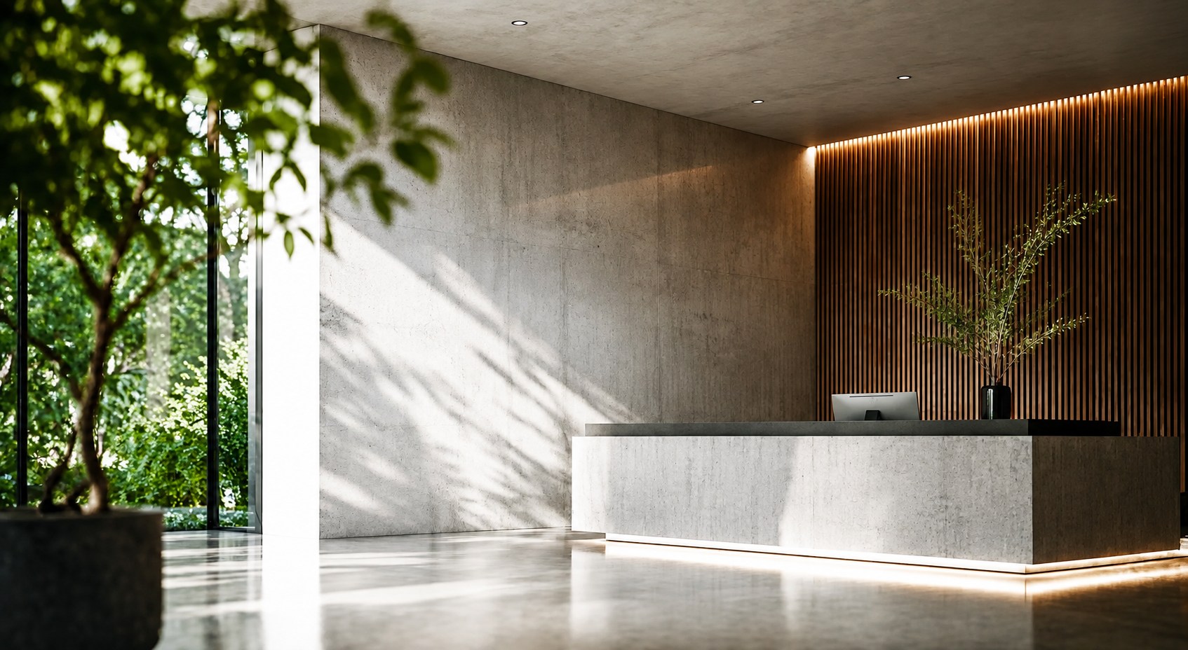Recepção contemporânea com concreto, madeira ripada e vegetação